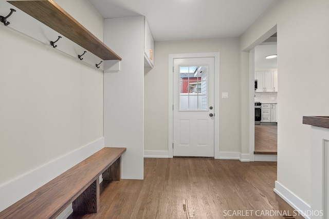 mudroom with baseboards and wood finished floors