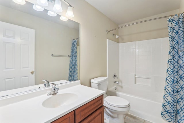 bathroom featuring shower / bath combination with curtain, vanity, and toilet