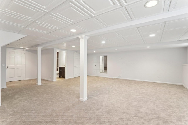 finished basement with light carpet, baseboards, and recessed lighting