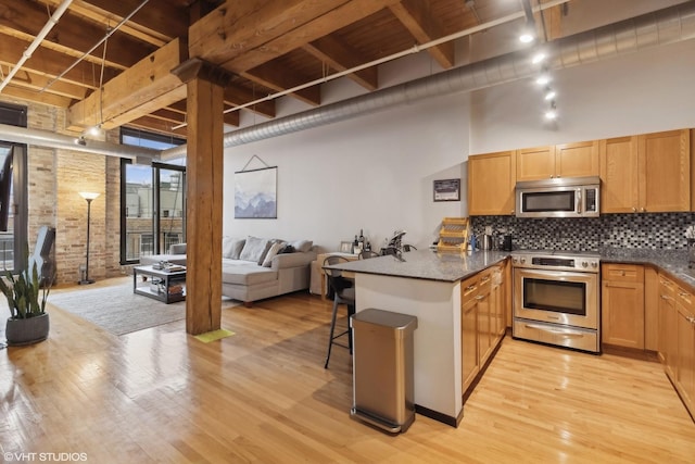 kitchen featuring stainless steel appliances, a high ceiling, a peninsula, open floor plan, and decorative backsplash