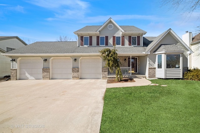 traditional-style house with a front yard, driveway, a porch, a garage, and brick siding