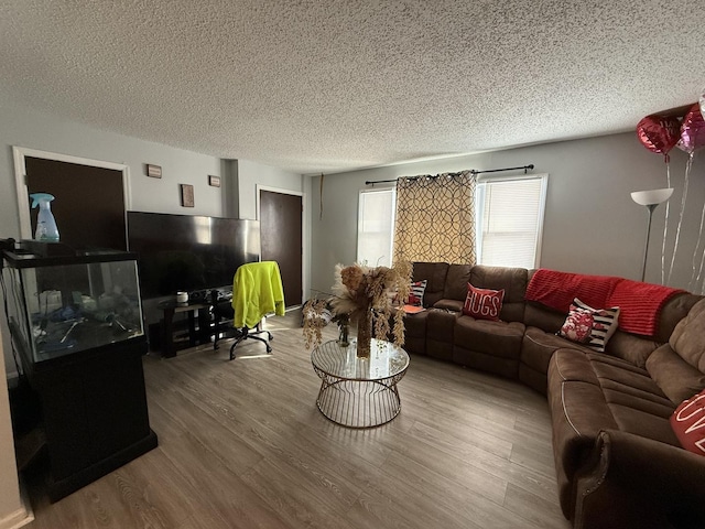 living area with a textured ceiling and wood finished floors