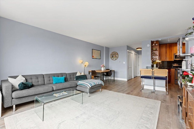 living area featuring baseboards and wood finished floors