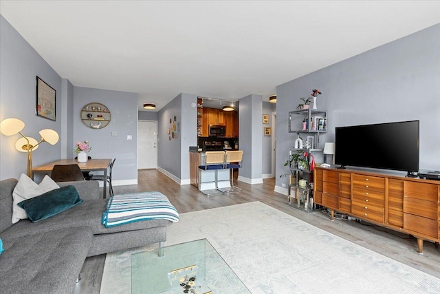 living area featuring baseboards and wood finished floors