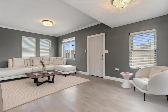 living area with ornamental molding, light wood finished floors, and baseboards