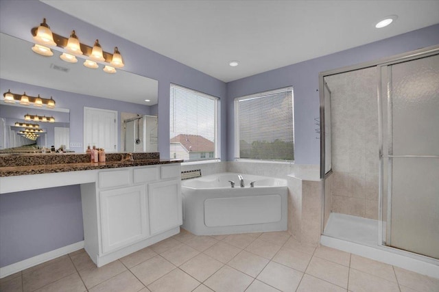 bathroom with a stall shower, visible vents, a bath, and tile patterned floors