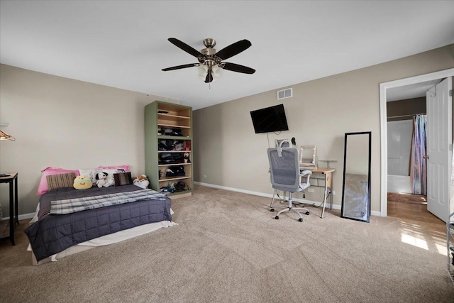 bedroom featuring a ceiling fan, carpet flooring, visible vents, and baseboards