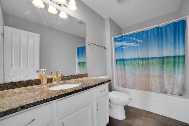 full bathroom featuring visible vents, shower / bathtub combination with curtain, toilet, vanity, and tile patterned flooring