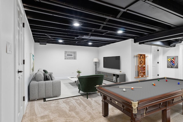 rec room featuring carpet and billiards