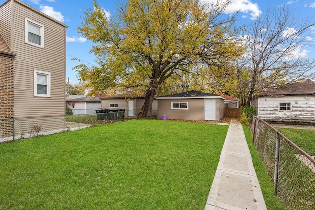 view of yard with an outbuilding and a fenced backyard