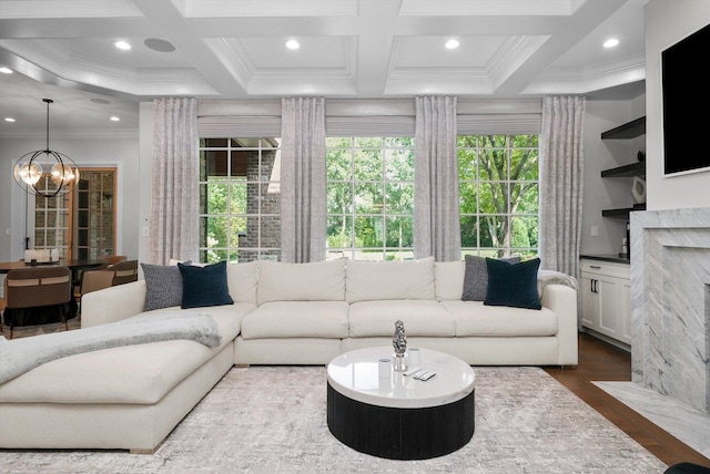 living room featuring recessed lighting, dark wood-style flooring, and coffered ceiling