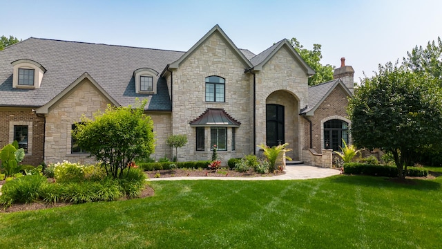 french country inspired facade featuring a front yard and brick siding