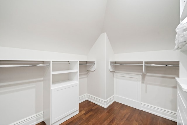 walk in closet featuring dark wood-type flooring and vaulted ceiling