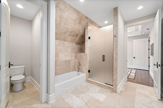 bathroom featuring toilet, recessed lighting, baseboards, a stall shower, and a bathtub