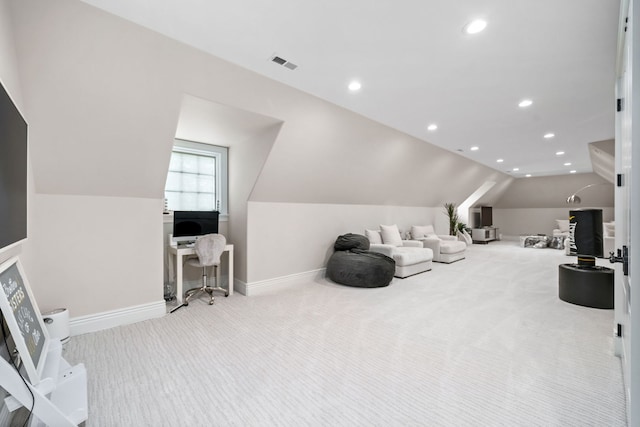 living room featuring lofted ceiling, recessed lighting, carpet flooring, visible vents, and baseboards