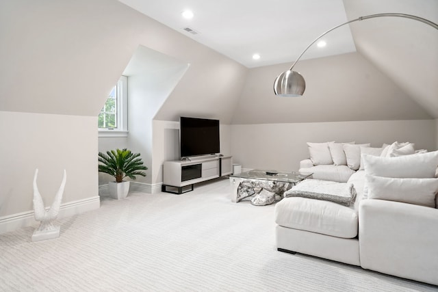 living area featuring carpet, recessed lighting, visible vents, vaulted ceiling, and baseboards