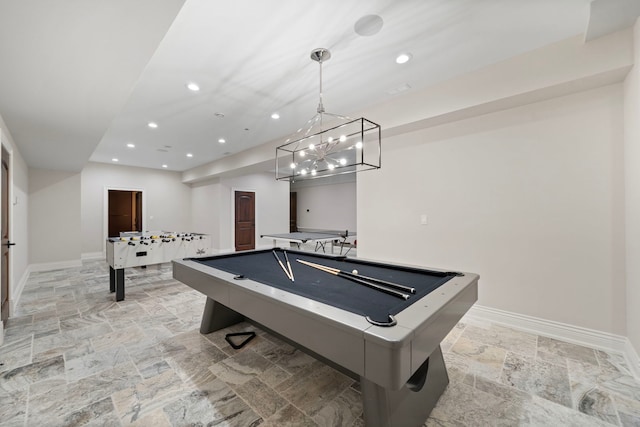 rec room featuring recessed lighting, stone finish flooring, billiards, and baseboards