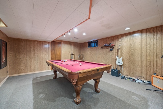 recreation room featuring wood walls, billiards, carpet flooring, visible vents, and baseboards