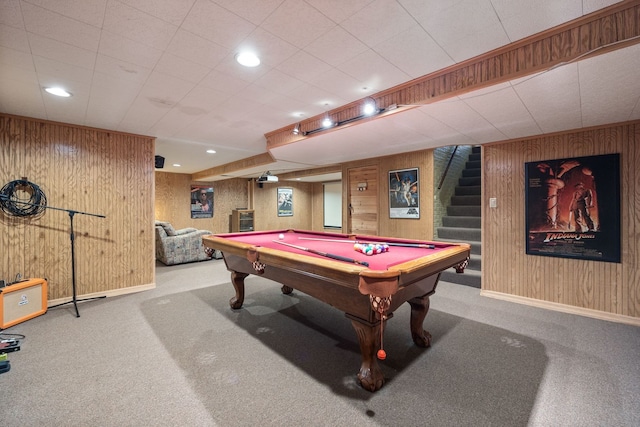 rec room with carpet, recessed lighting, wood walls, billiards, and baseboards