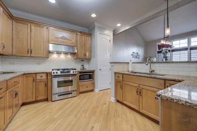 kitchen featuring pendant lighting, stainless steel appliances, light wood-style floors, a sink, and exhaust hood