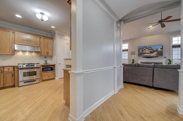 kitchen featuring tasteful backsplash, light wood-style flooring, open floor plan, stainless steel appliances, and under cabinet range hood