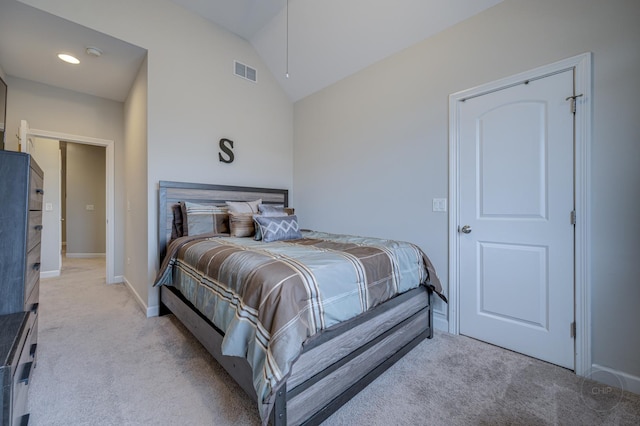 bedroom featuring light carpet, lofted ceiling, visible vents, and baseboards