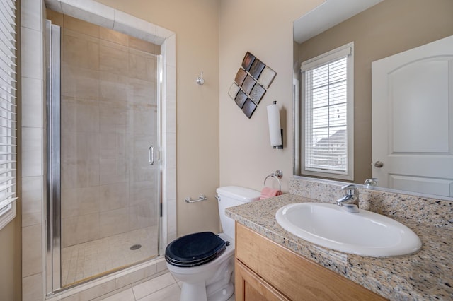 full bath featuring a stall shower, tile patterned flooring, vanity, and toilet