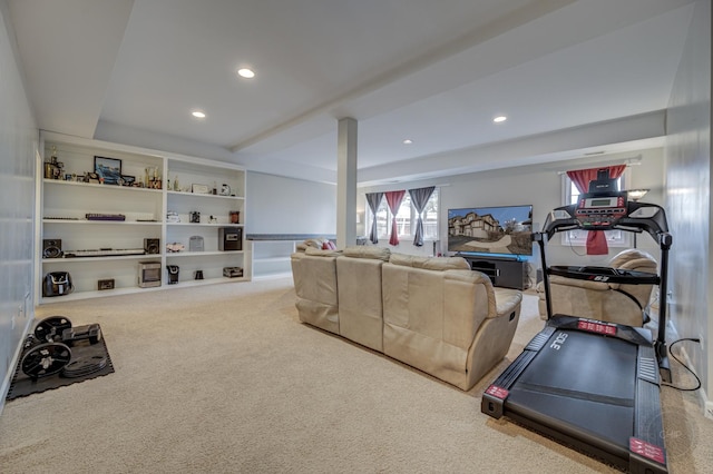 workout room featuring carpet floors and recessed lighting