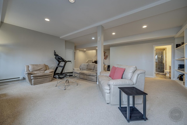 carpeted living room featuring stairs, baseboard heating, and recessed lighting