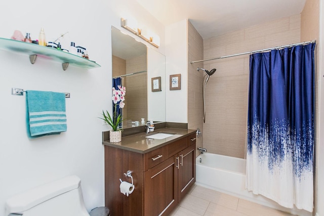 bathroom featuring toilet, shower / tub combo, tile patterned flooring, and vanity