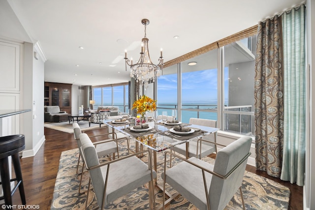 dining room featuring floor to ceiling windows, a water view, an inviting chandelier, and wood finished floors