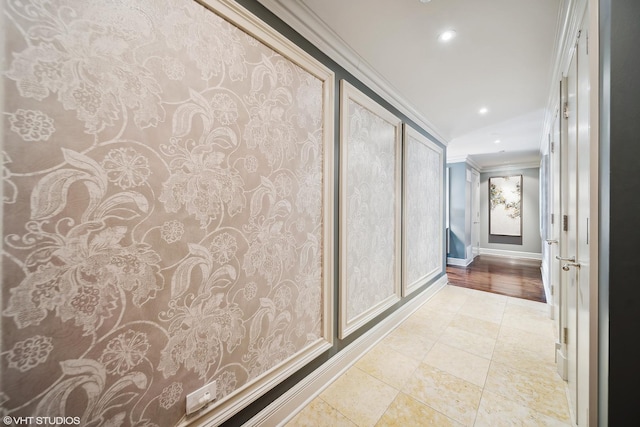 hall with recessed lighting, crown molding, baseboards, and light tile patterned floors