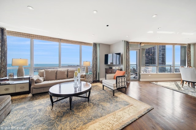 living room featuring baseboards, wood finished floors, and recessed lighting