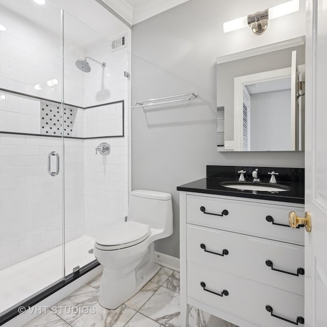 bathroom with vanity, visible vents, a shower stall, toilet, and marble finish floor