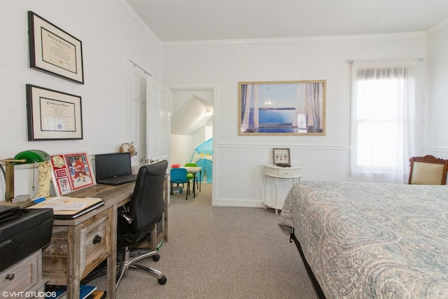 bedroom with carpet floors, baseboards, and crown molding