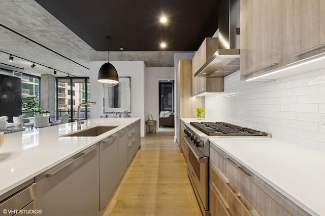 kitchen with wall chimney exhaust hood, modern cabinets, light wood-style flooring, high end stove, and a sink