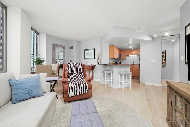 living room with light wood-style floors, visible vents, and baseboards