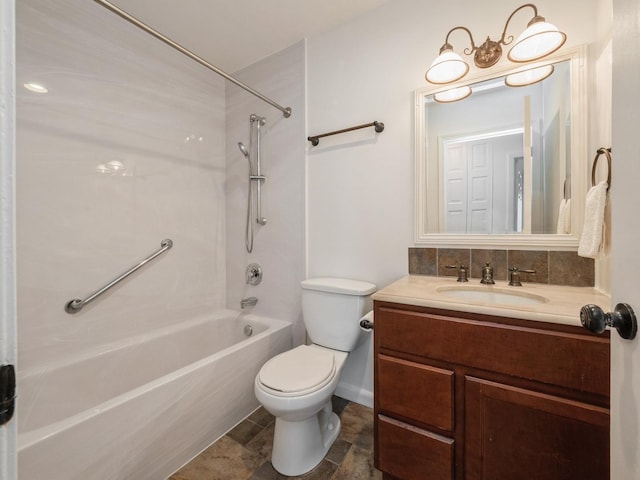 bathroom featuring toilet, shower / tub combination, tasteful backsplash, and vanity