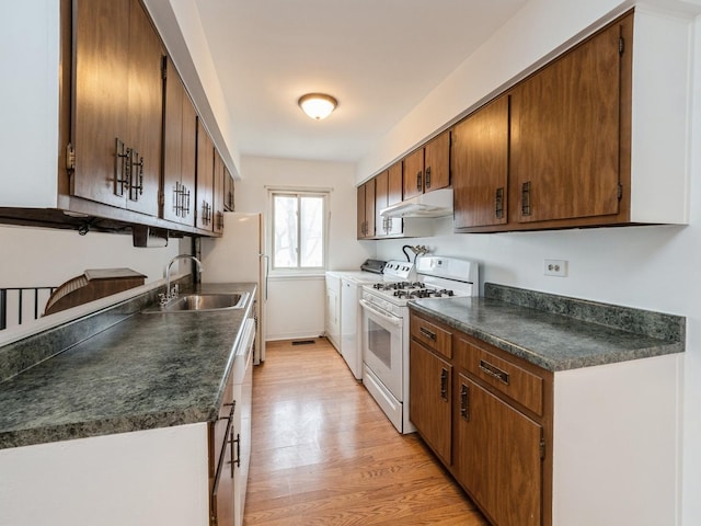 kitchen featuring washer and clothes dryer, light wood-style floors, gas range gas stove, under cabinet range hood, and a sink