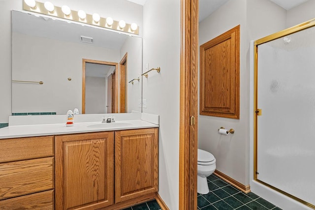 full bath with visible vents, toilet, tile patterned flooring, vanity, and a shower stall