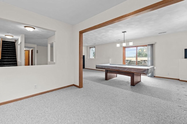 game room featuring carpet floors, billiards, and baseboards