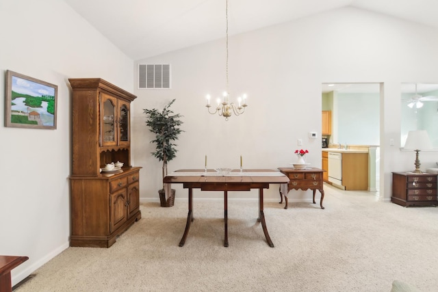 recreation room with high vaulted ceiling, visible vents, light carpet, and baseboards