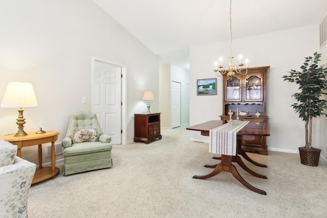 interior space with carpet floors, a notable chandelier, visible vents, high vaulted ceiling, and baseboards