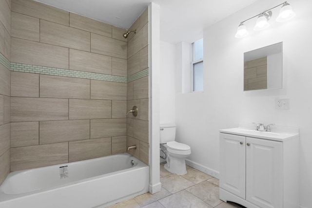 full bath with shower / tub combination, tile patterned flooring, toilet, vanity, and baseboards