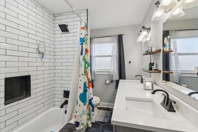 full bathroom with shower / tub combo, a sink, toilet, and double vanity