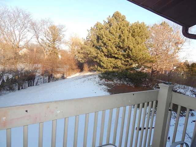 yard covered in snow featuring a balcony