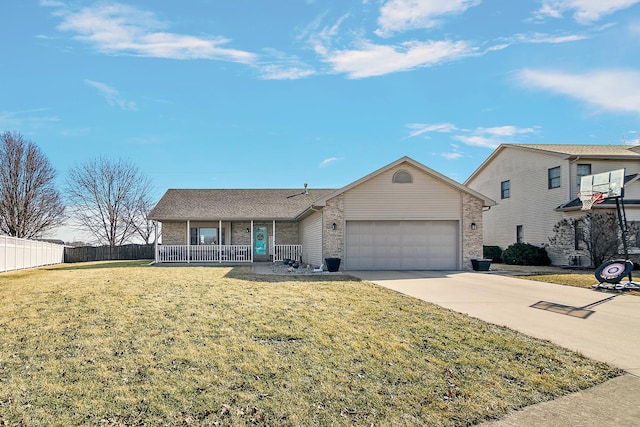 view of front of house featuring concrete driveway, an attached garage, fence, a porch, and a front yard