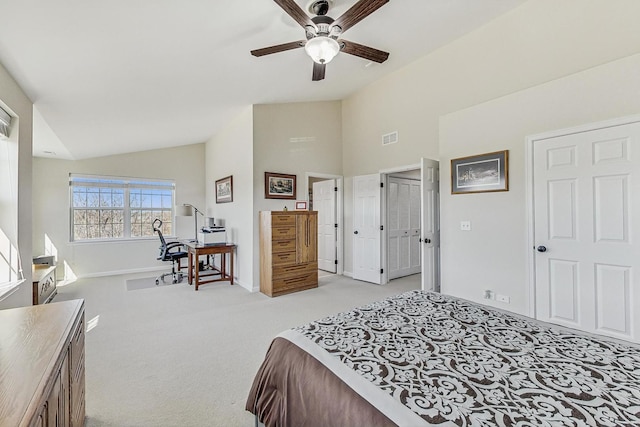 bedroom featuring ceiling fan, high vaulted ceiling, light colored carpet, visible vents, and baseboards