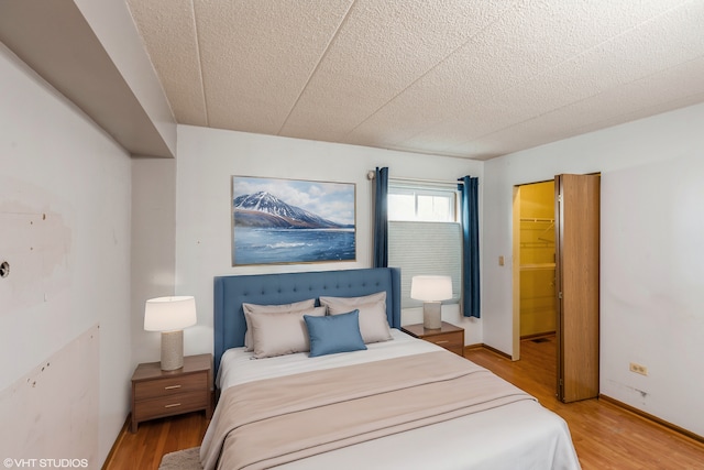 bedroom featuring light wood-style floors, a spacious closet, baseboards, and a closet