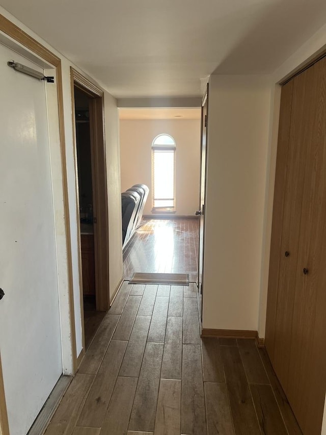 hall featuring wood tiled floor and baseboards